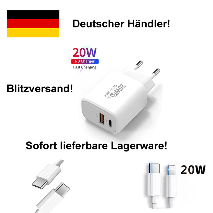 20W Schnellladegerät für Apple iPhone X 11 12 13 14 15 Pro Max USB-C Anschluss